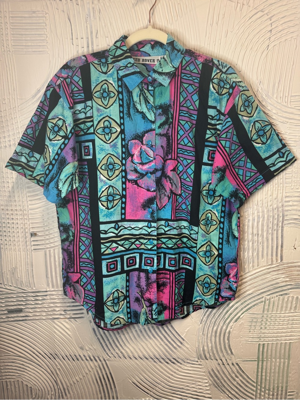 Vintage 90s Red Rover Abstract Floral Button Up Shirt M Colorful Retro N0960